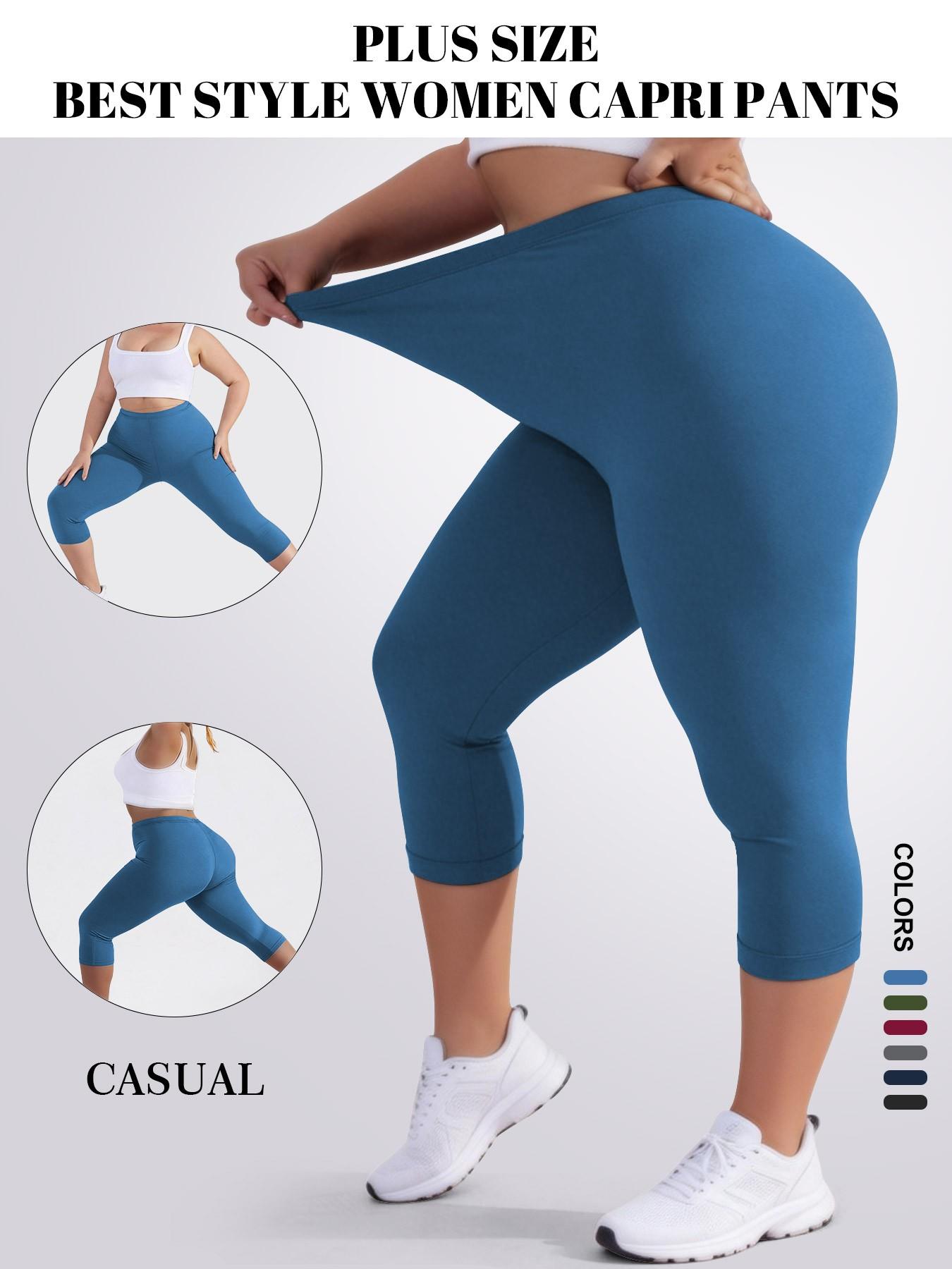 Plus Size Women's High Elasticity Capri Pants, Soft Comfortable Fabric, Non-Transparent Yoga Leggings for Leisurewear, Multiple Color Options, Elastic Waist Leggings