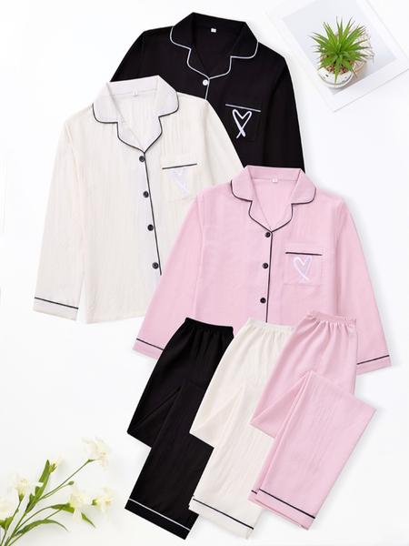 Women's Heart Embroidered Cardigan Set, Long Sleeve Elastic Waist Pants, Casual Comfortable Sleepwear, Loungewear, Spring & Fall Home Wear