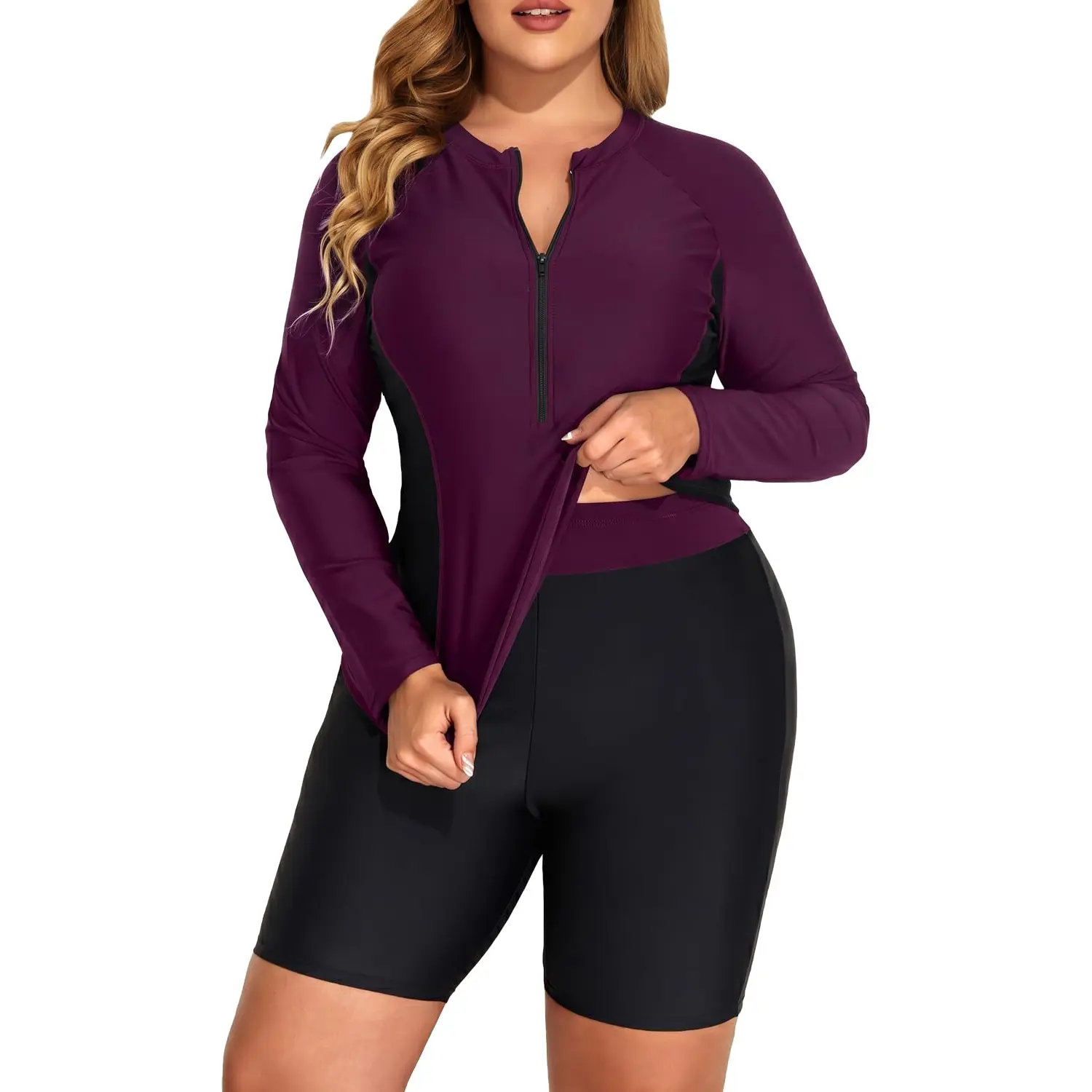 Daci Women Two Piece Plus Size Long Sleeve Rash Guard Bathing Suit Zip Front Athletic Boy Shorts Tankini Swimsuits UPF 50