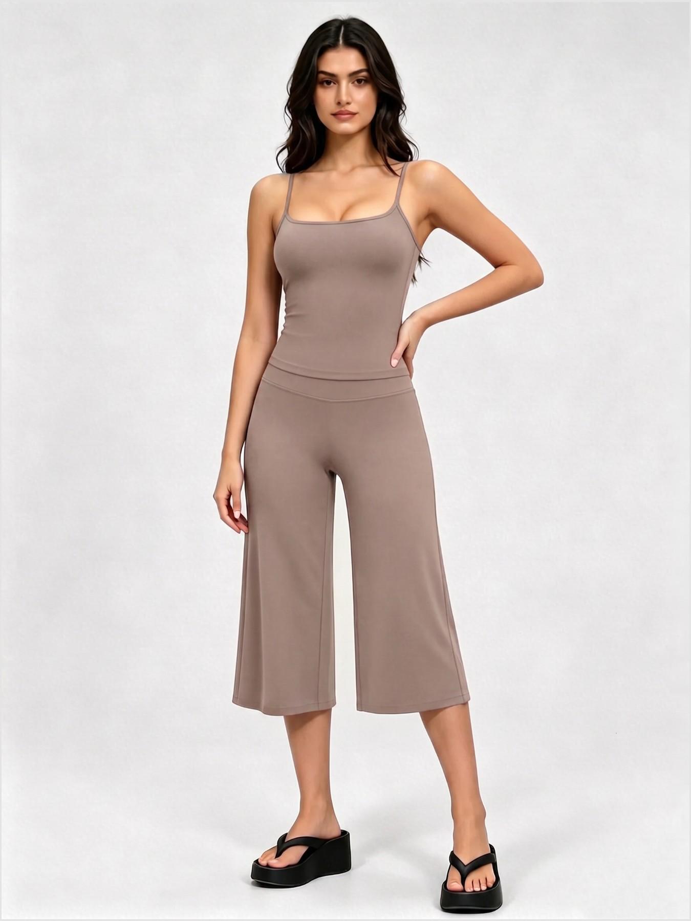 Adjustable Strap Top and High-Waist Wide-Leg Pants Set, Athleisure Summer Fitness Outfit, Soft Stretch Fabric, Sporty Style, Quick Dry, Suitable for Spring Summer Fall