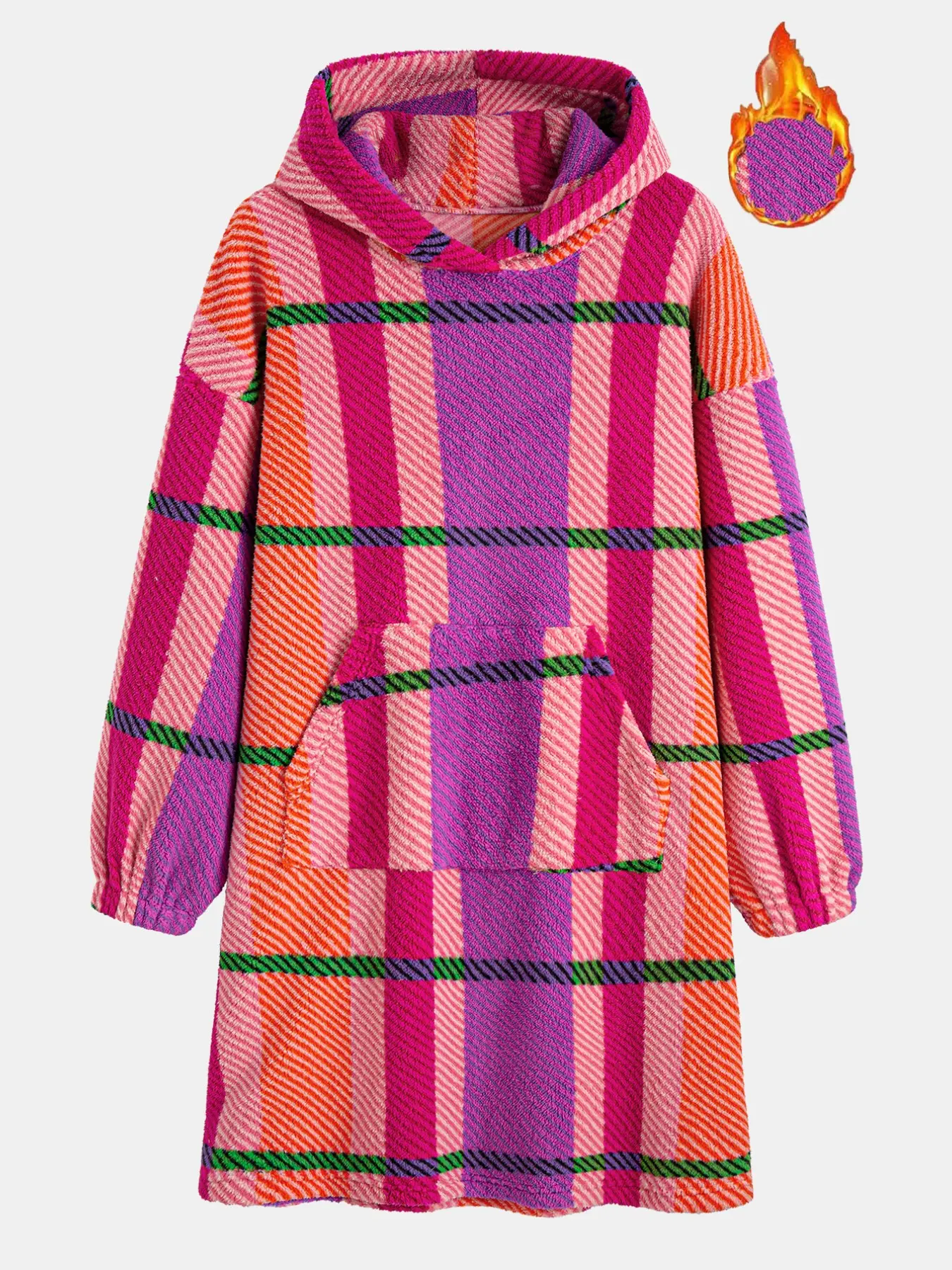Trendy Color-Block Plaid Hooded Fluffy Bathrobe for Men, Warm Long-Sleeve Night Robe, Cozy Sleepwear for Home Relax, Spa & Cold-Weather Wear