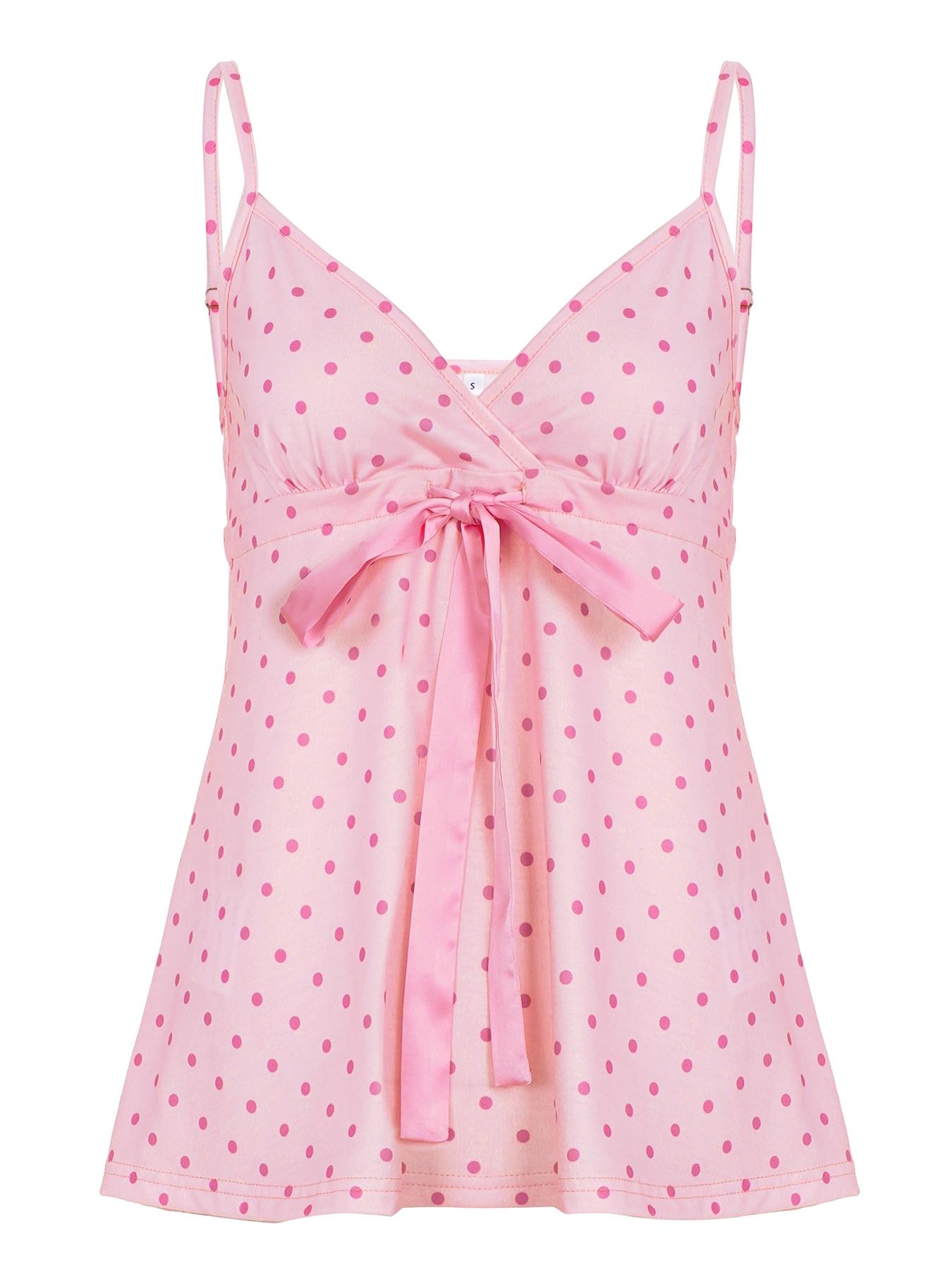 Y2K Sweet Cute Bow Tie Polka Dot Sleeveless A-Line Tank Cami Top for Women, Fitted Long Backless Design, All Seasons Fashion
