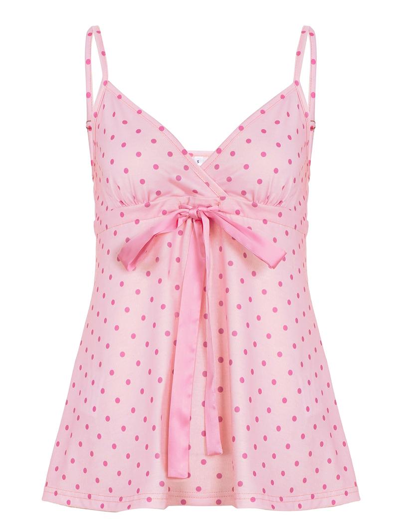 Y2K Sweet Cute Bow Tie Polka Dot Sleeveless A-Line Tank Cami Top for Women, Fitted Long Backless Design, All Seasons Fashion