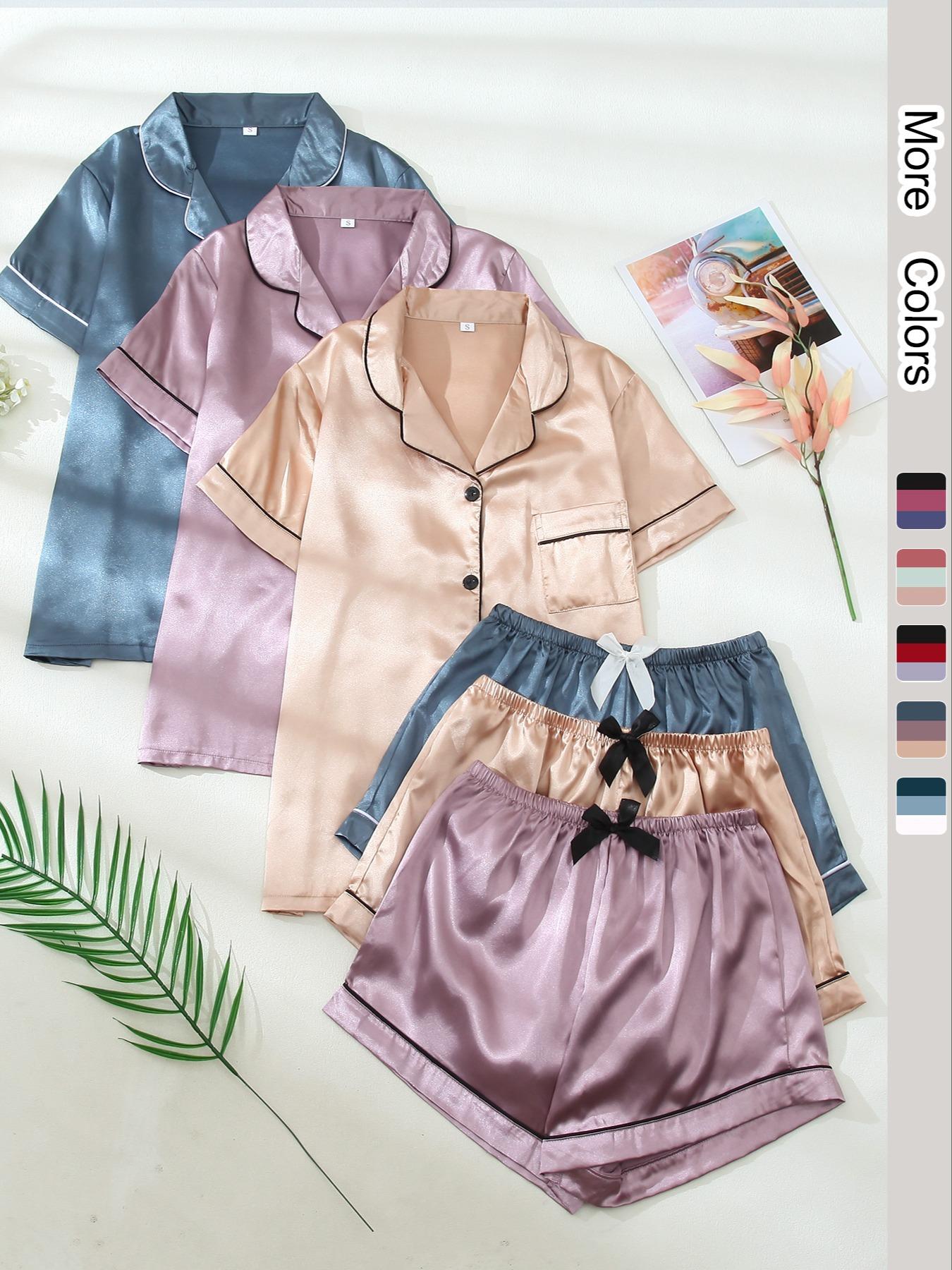 Six-Piece Set Women's Christmas Theme Contrast Binding Short Sleeve Satin Loungewear Set for Christmas Gifts, Summer Outfits 2024, Basic Button Front Shirt & Bow Decor PJ Shorts, Lounge Co-ord Set, Womenswear