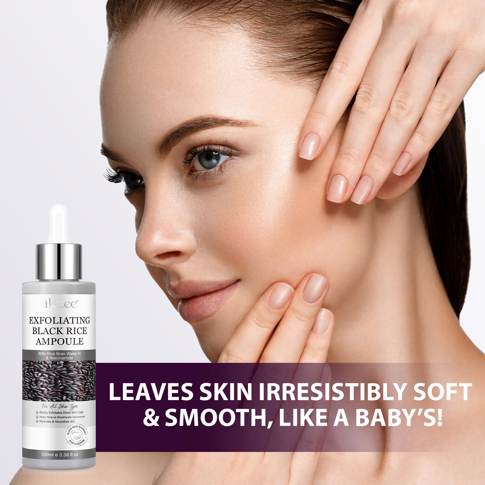ikzee Black Rice Exfoliating Ampoules 100ml, Hydrating Exfoliant, a gentle mild daily exfoliating scrub for face and body, brightens and removes dead skin cells from all skin types, a daily skincare product.