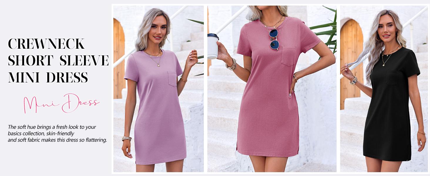 Wenrine Women‘s T Shirt Dress Summer Fashion Mini Dress Crew Neck Short Sleeve Dress Solid Color Casual Dress with Pocket