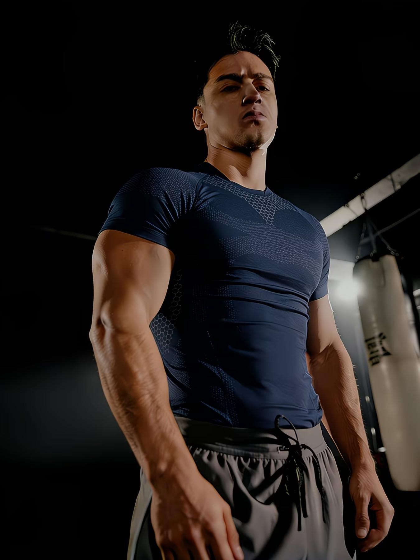 Men's Honeycomb Patchwork Quick-Dry Fitted T-Shirt, Stretch Breathable Wrinkle-Resistant, Boxing Running Fitness Daily Wear