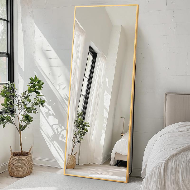 71" Full-Length Mirror with Stand - Freestanding/Wall-Mounted Floor Mirror, Shatterproof Nano Glass & Aluminum Frame, Right Angle/Rounded Corners (Gold/Black)