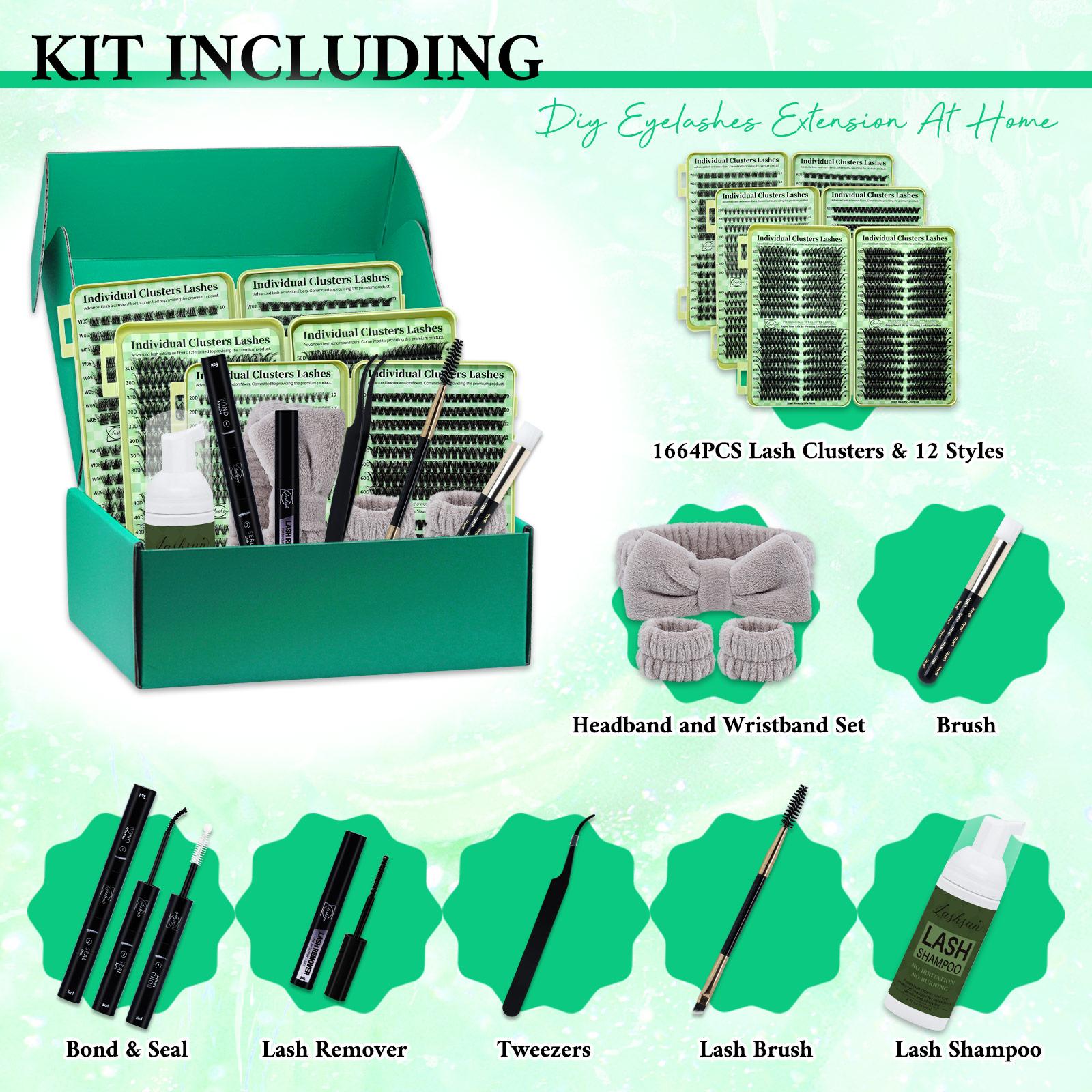 1664 PCS Lash Clusters Kit D Curl 12 Styles Cat/Volume Lashes Book Kit with Bond&Seal, Lash Remover Brush, Lash Applicator, Eyelash Extension Tweezers, Lash Shampoo&Brush, For Beginners&Proficient, Easy DIY at Home & Daily Makeup