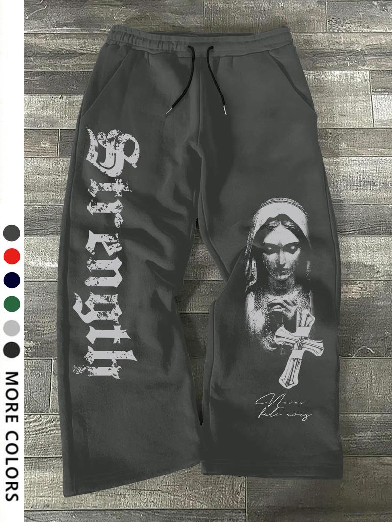 Men's Casual Loose-Fit Drawstring Pants, All-Season Wide-Leg Sweatpants with Nun Print, Comfortable Long Trousers for Everyday Wear, Casual Streetwear Pants