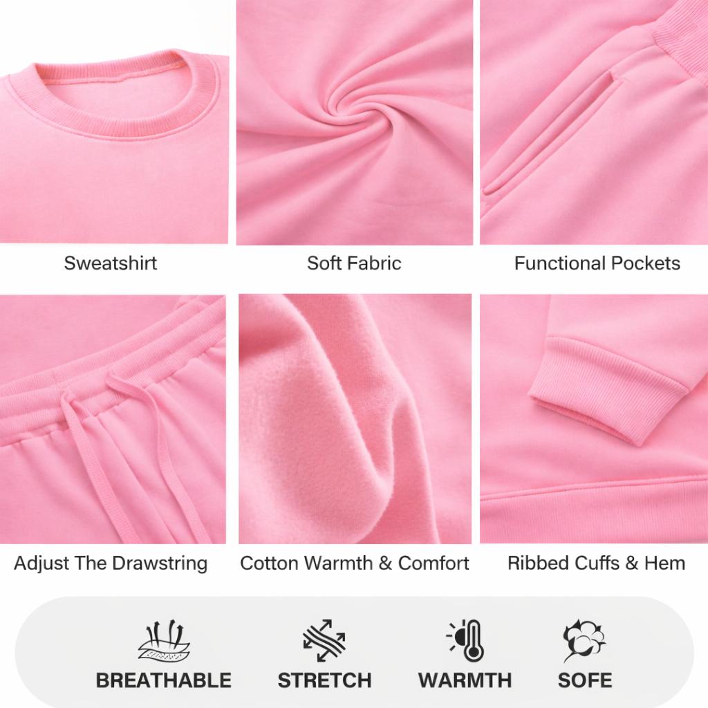Women's Colorful Pink Print Crewneck Sweatshirt and Drawstring Track Pants Set, Casual Sportswear, Long-Sleeve Round Neck Top and Pants, Suitable for Spring, Autumn and Winter, Everyday Wear