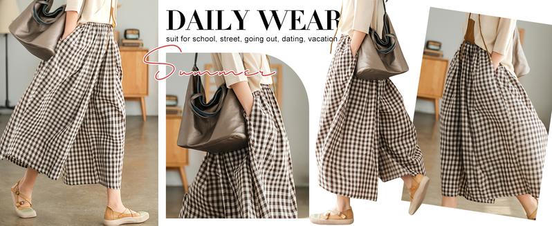 Chouyatou Women's Cotton Linen Pants Elastic Waist Plaid Gingham Wide Leg Capri Palazzo Pants