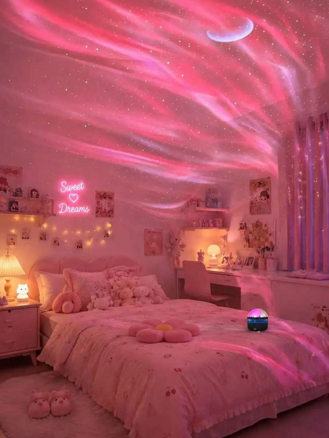 Starry Night Projection Light - 16-Color RGB Northern Lights Aurora Lamp with Moon Design, Pink Effect, USB Remote Control, Easy Setup Guide, Bedroom/Home Theater Mood Lighting, Gift for Adults Teens