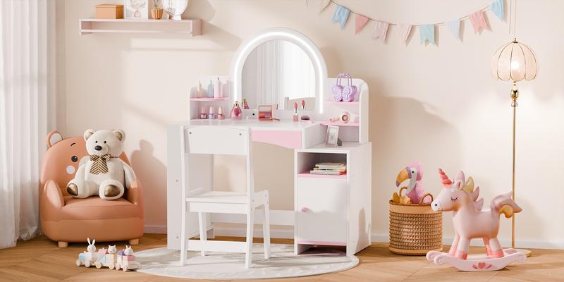Topwin Modern Pink & White Vanity Desk Set with Lighted Mirror and Chair | Storage Shelves | Makeup Table with Drawer