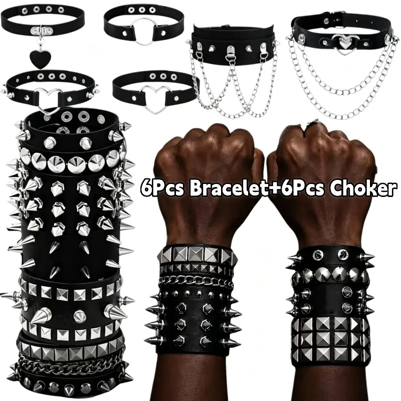 12Pcs Vintage Spiked Black PU Leather Choker Necklaces and Bracelet Jewelry Set - with Adjustable Neck Collars Rivet Studded Rock Chains Design, Punk Jewelry with Heart, Suitable for Women Men Halloween Cosplay Holiday Parties, Gift-Giving