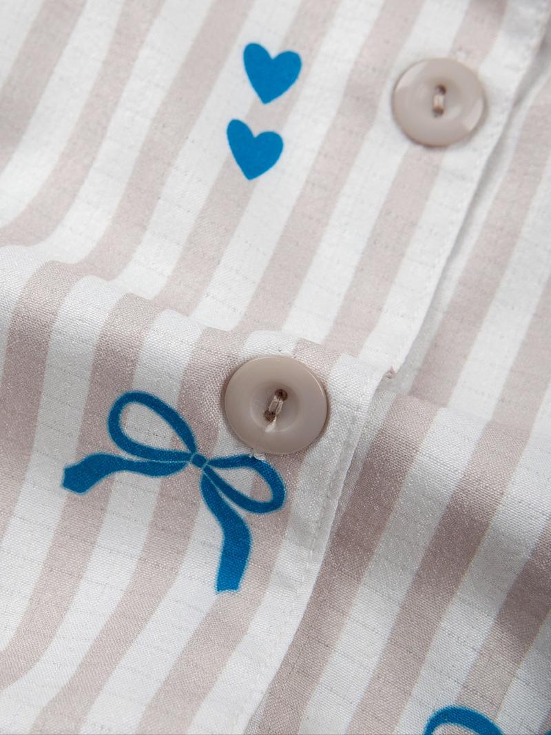 Women's Heart Bow Print Pajama Set 2 Piece, Casual Homewear Button Front Top & Elastic Waist Pants, Comfortable Sleepwear Loungewear