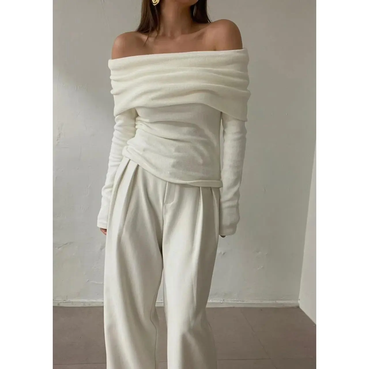 Women Knitwear Elegant Sweater Long Sleeve Slash Neck Solid Off Shoulder Thin Pullovers Office Lady Tops Fall Winter Outfit