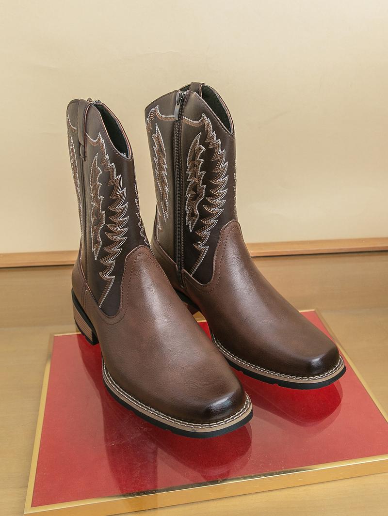 Men's West Wind Resilient Western Boots, Wide Square Toe Cowboy Leather Boots with Snow Feathers Embroidery, Anti-Slip Soft Firm Soles, Classic Western Fashion Footwear for Work, Riding & Daily Walking,mid-calf men,holiday boots