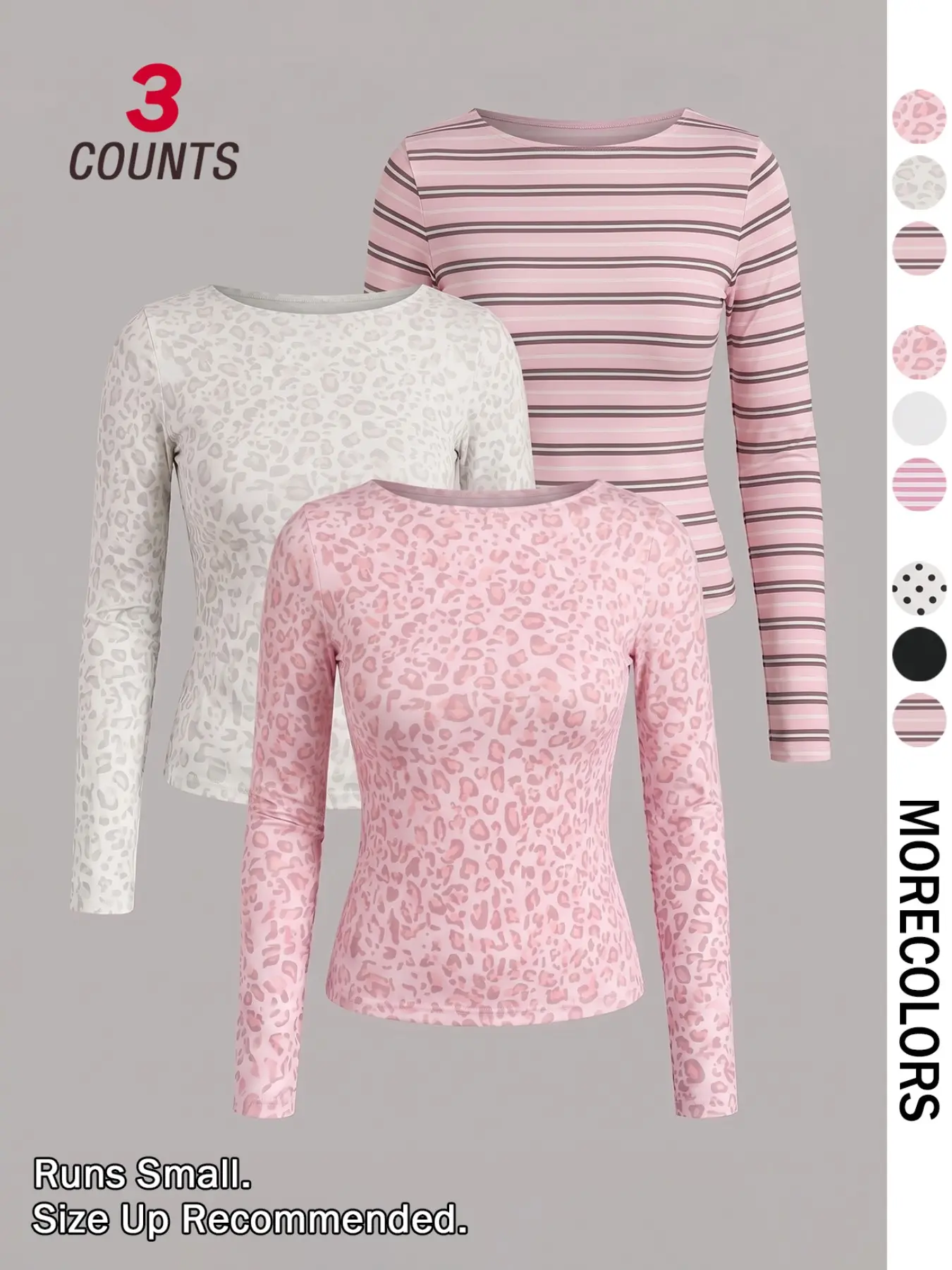 3 Pack Crew Neck Slim Long Sleeve Shirts,Soft Pink Tone Leopard And Striped Prints,Stretchy Fabric Versatile Layering Tops #printedlongsleeve #layeringtop #pinkprinttop #trendybasics