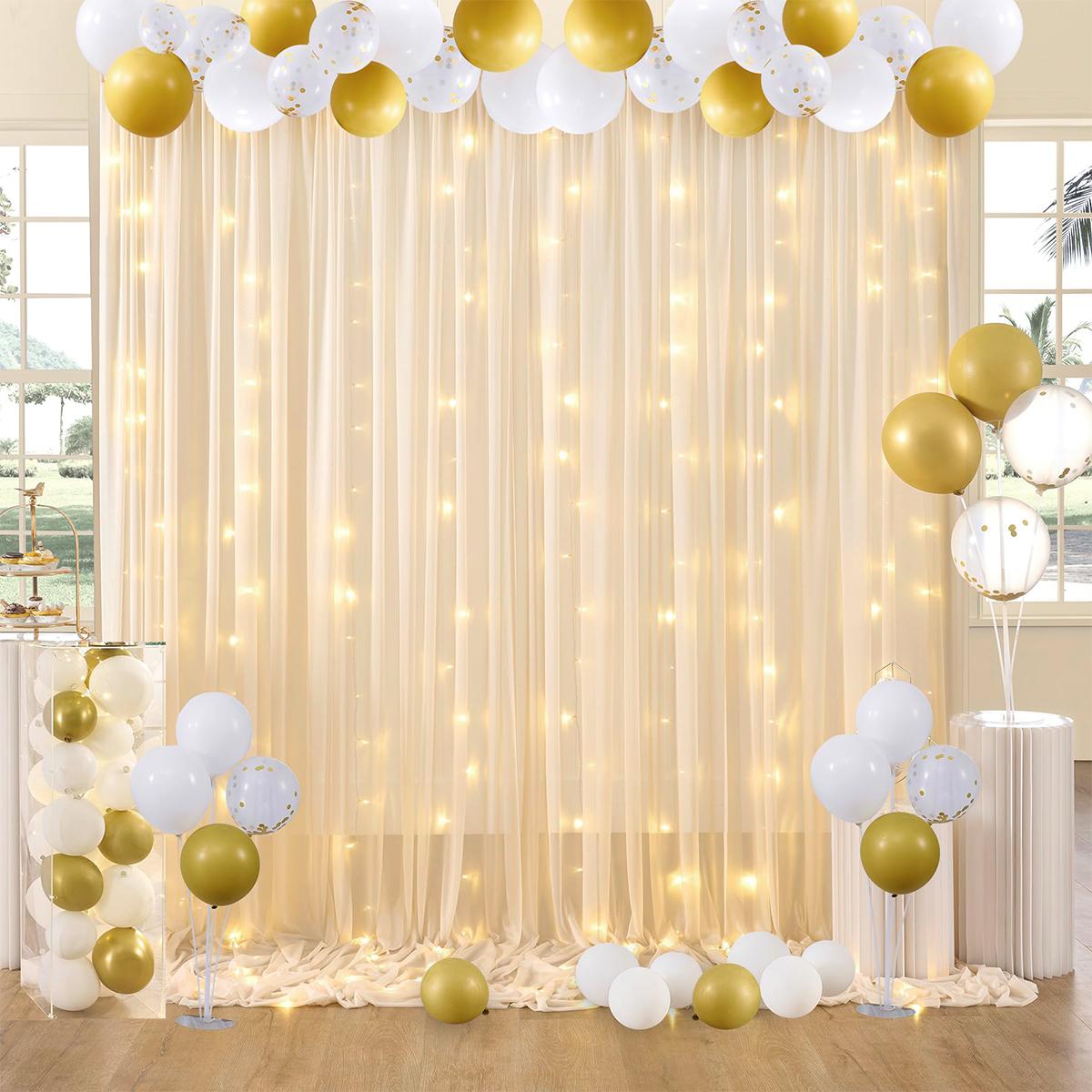 1set 9.84ft x 7.05ft White Sky Blue Pink Green Purple Champagne Sheer Backdrop Curtains with Lights for Baby Shower Wedding Bridal Shower Happy Birthday Party Decor Photobooth Props Holiday Festival Decor Home Decorative Hanging Ornaments