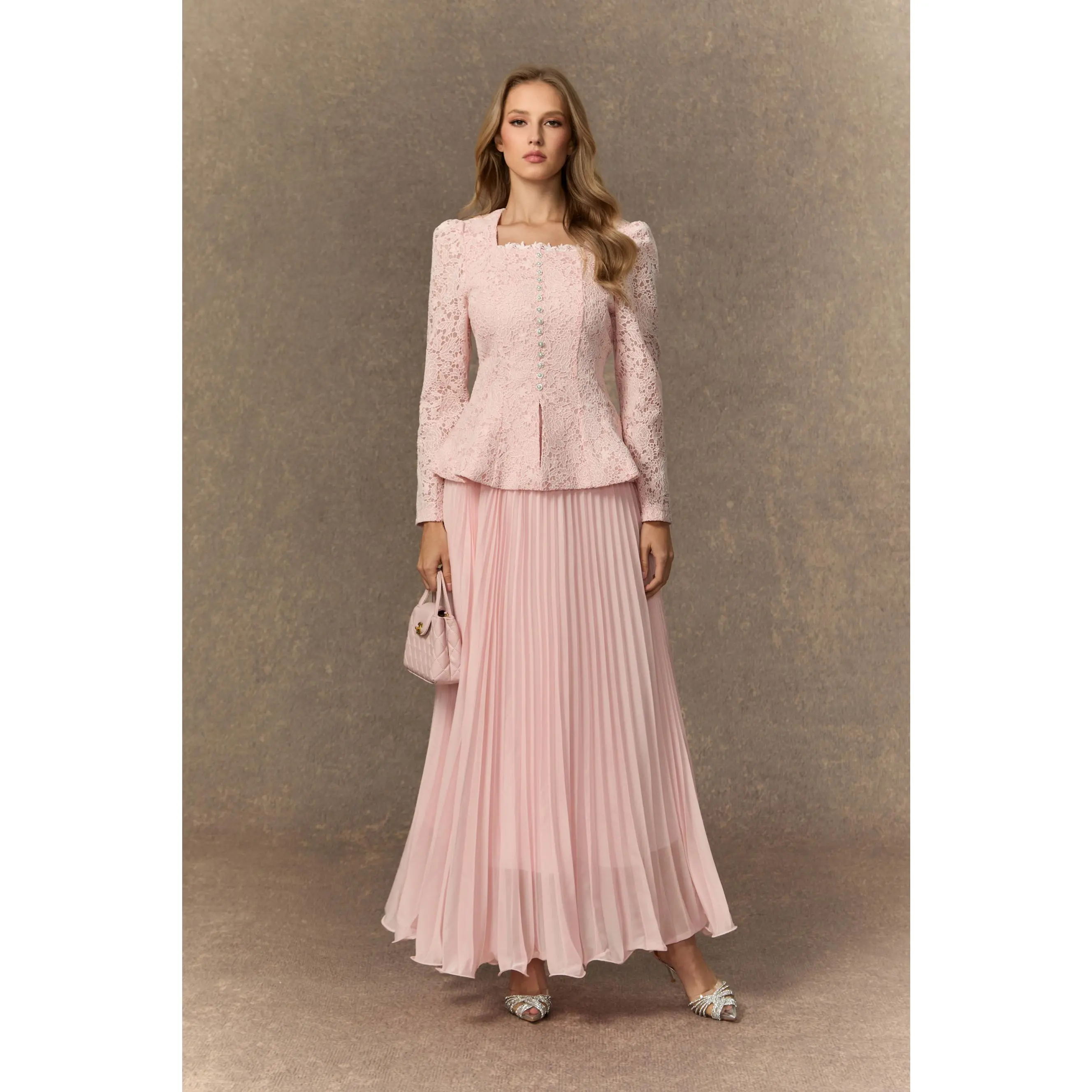 Sunfere Blush Pink Lace 2-Piece Women's Clothing Set - Embroidered Long Sleeve Jacket, Pleated Skirt, Square Neck, Pearl Buttons, Adjustable, Elegant Classy Tops,  Formal Church Wedding Outfit