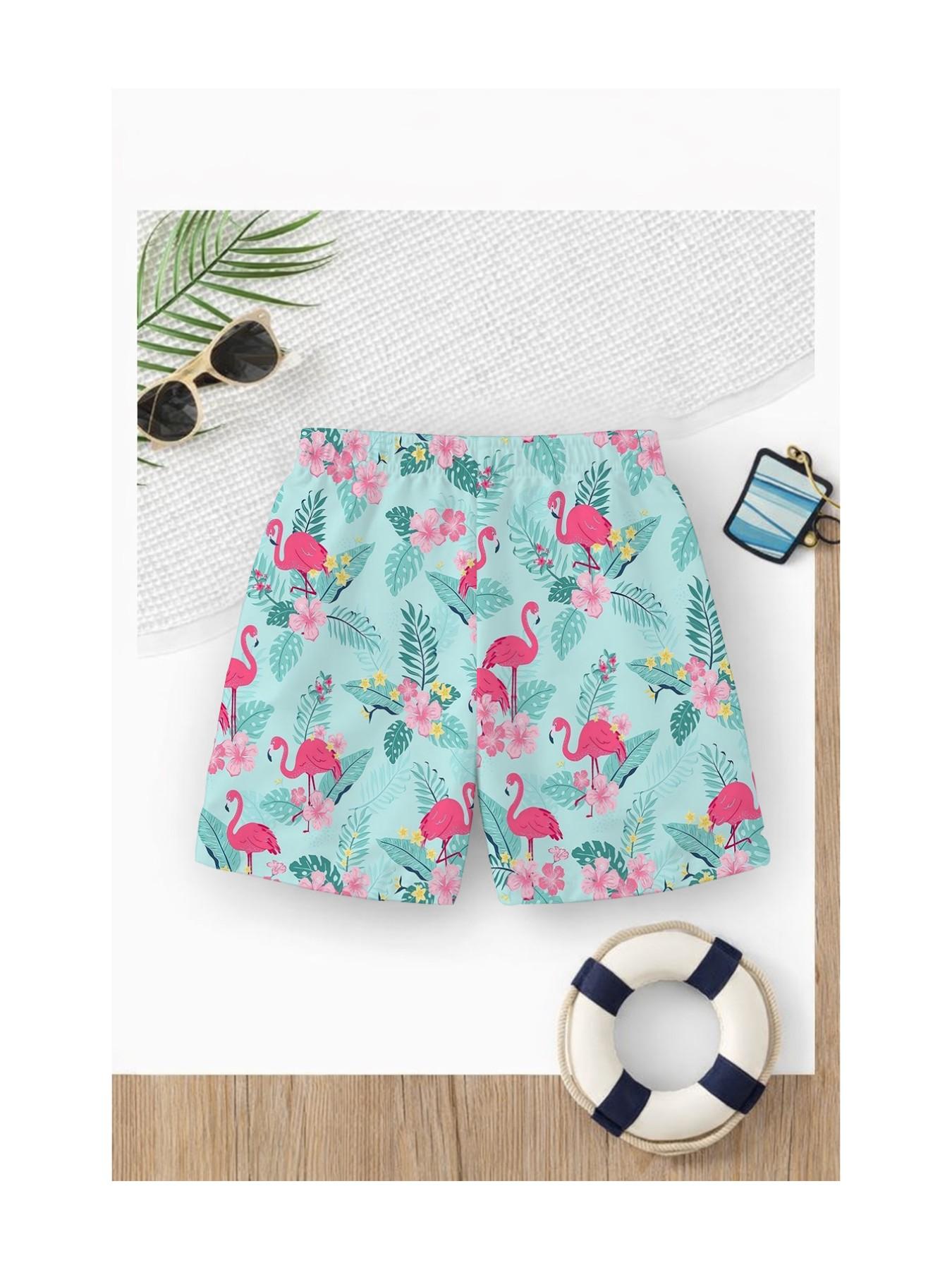 Summer Boys' Peacock Floral Print Drawstring Beach Pants, Kids Loose Fit Coastal Vacation Swim Trunks, Casual Short Beachwear