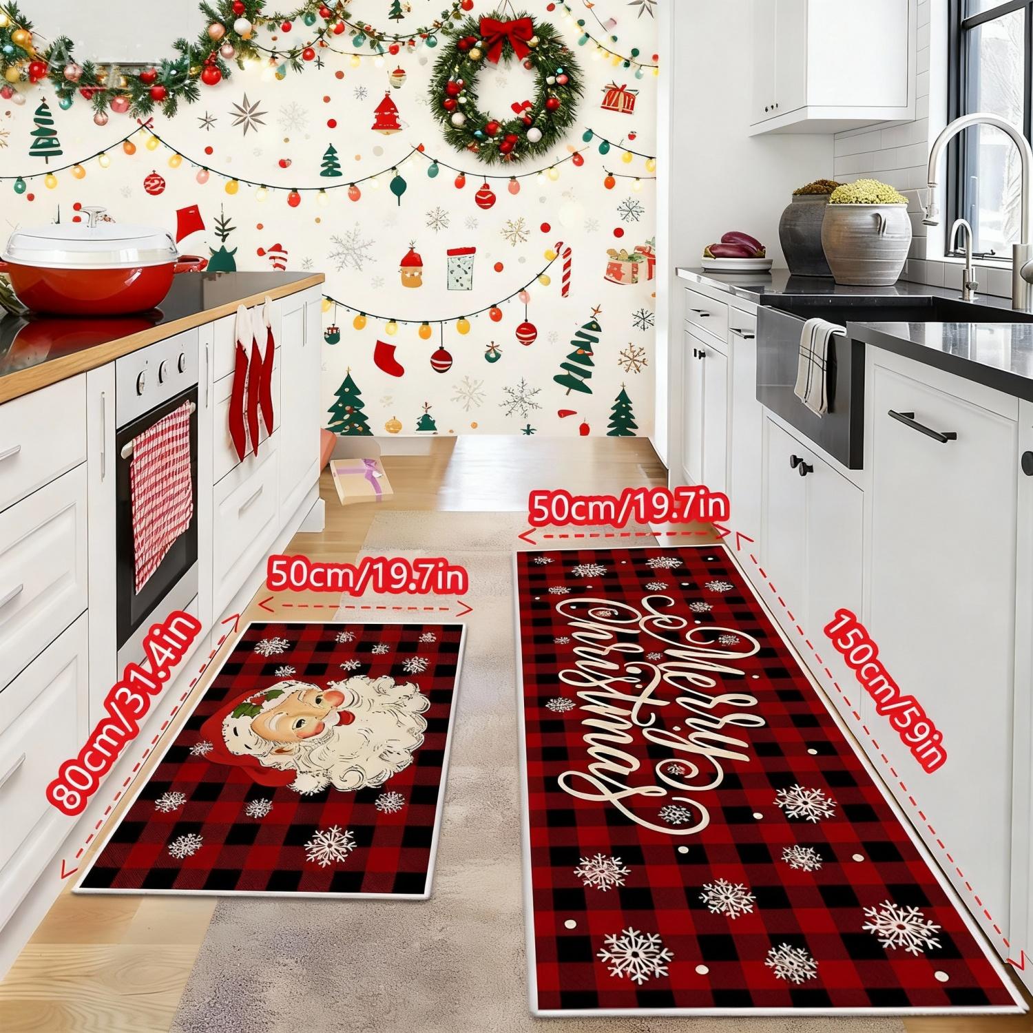 2 Counts Christmas Kitchen Rug Set, Santa Gingerbread Man Christmas Tree Dwarf Gnomes Pattern, Non-Slip Soft Low Height, Holiday Party Floor Mat Home Decor, Home Decor Rugs