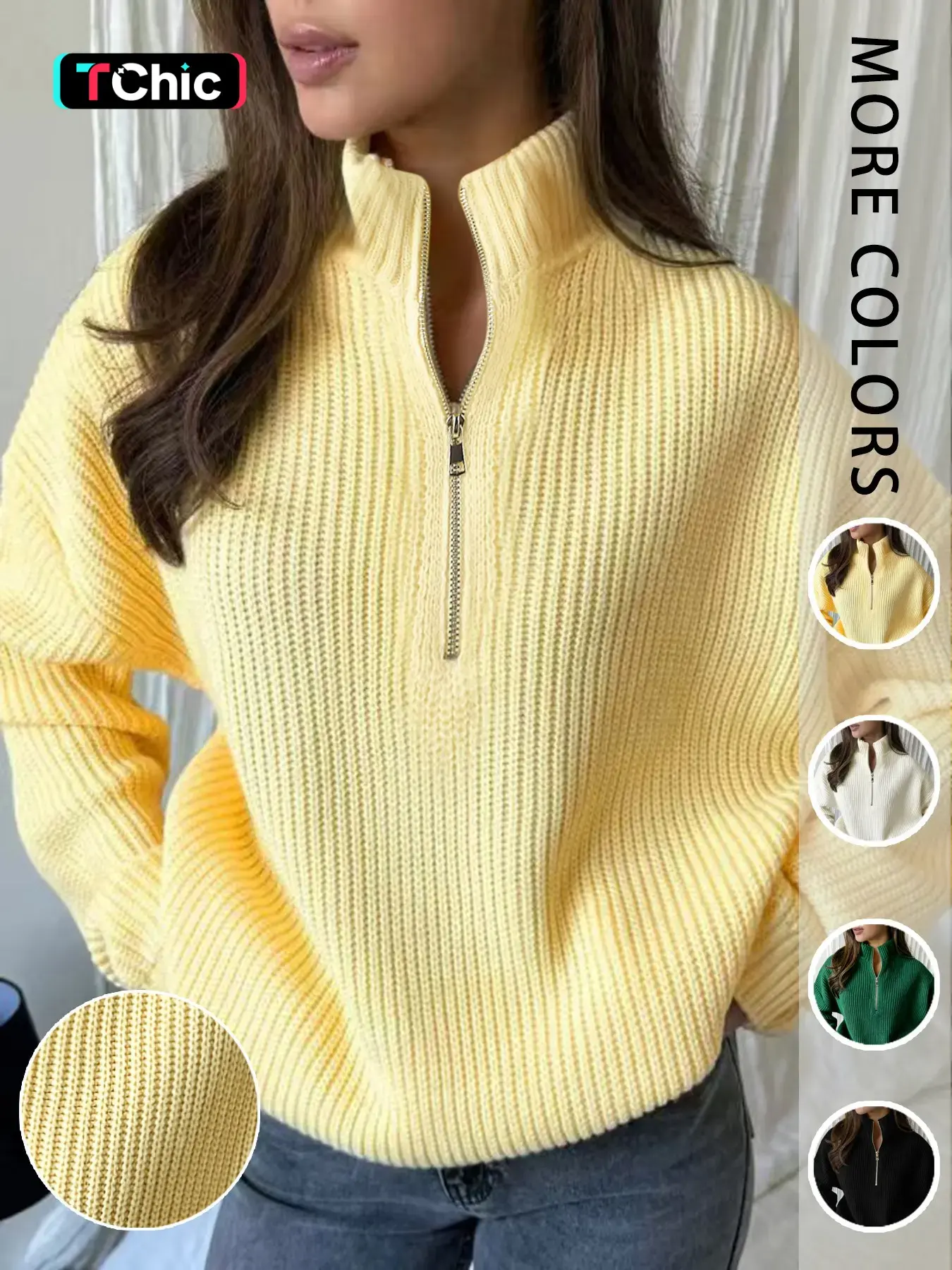 Women's Cream Half-Zip Stand Collar Sweater, Loose Knit Long Sleeve Top, Fall Winter Casual Soft Pullover, Comfortable and Stylish