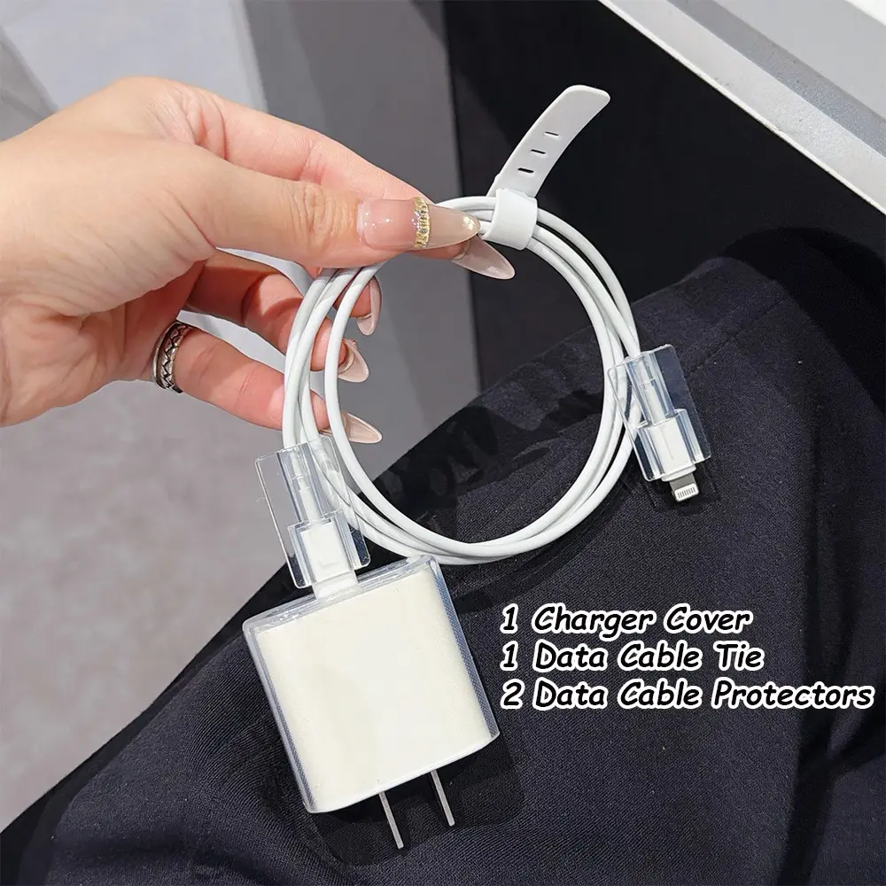 20w Charger Head Protector Case, Data Cable Tie, 2 Data Cable Protectors, 4-Piece Set, High Transparency Tpu, No Charger or Cable Included