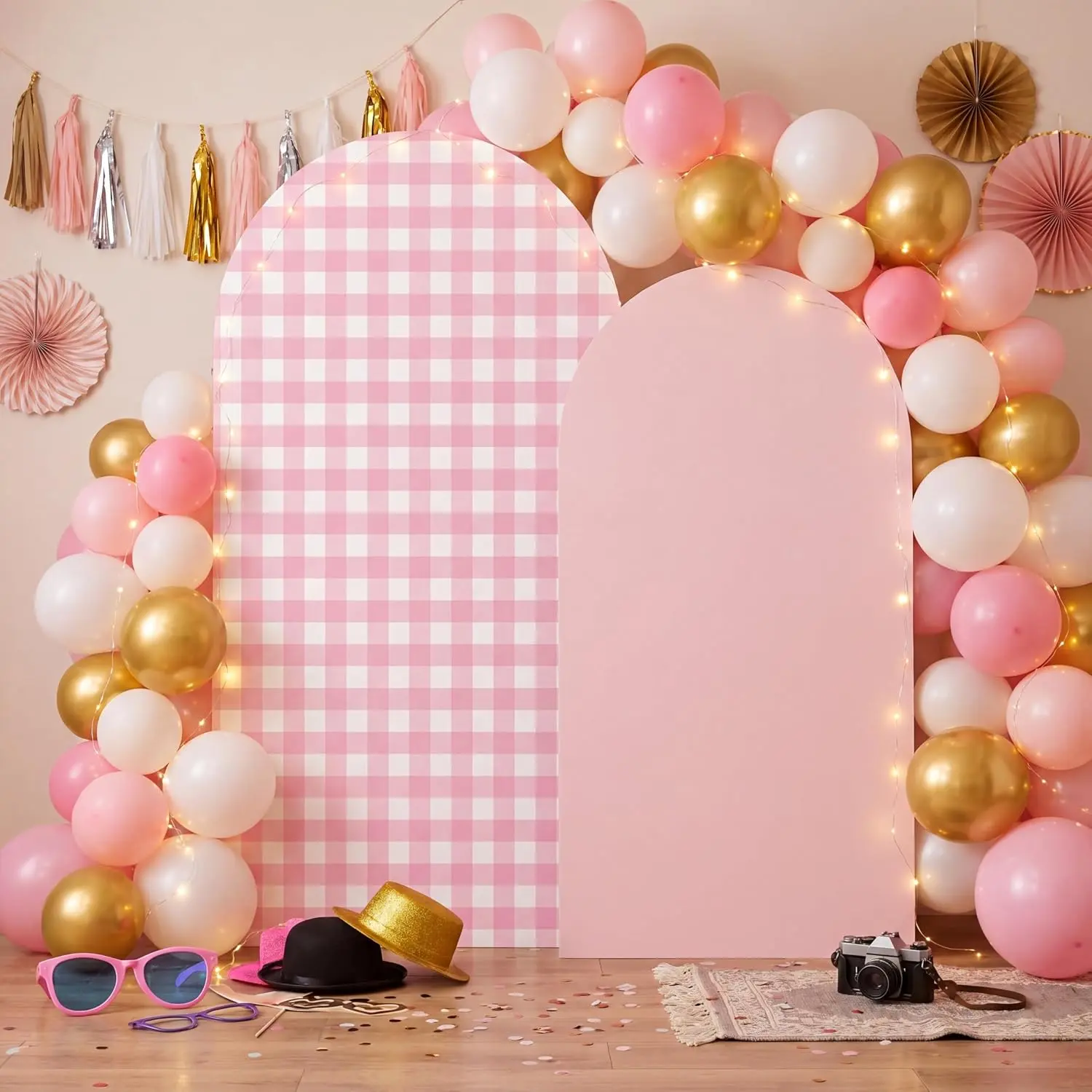 2 Set Gingham Arch Backdrop Cover 7.2ft 6.6ft Arch Cover, Pink Stretchy Elastic Fitted Fabric Bridal Baby Shower Birthday Party Wedding Banquet Balloon Arch Backdrop Stand Cover Reusable