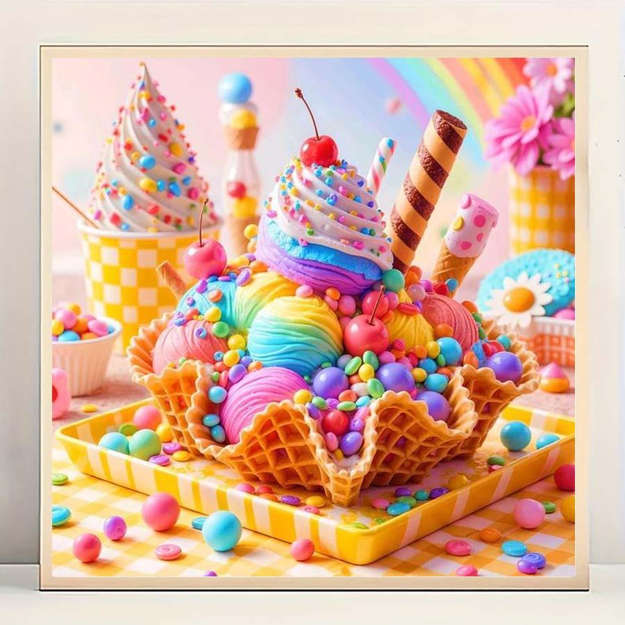 1 set of DIY diamond painting kit, 5D diamond art set, DIY decoration rainbow dessert, ice cream, cherry diamond painting kit full round drill, mosaic, diamond art, DIY art home decoration, suitable for Christmas.
