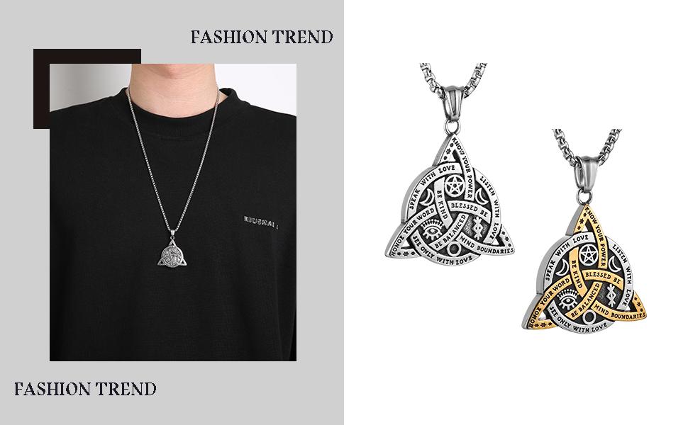 HZMAN Double Sided Stainless Steel Triple Goddess Triquetra Necklace Celtic Knot Irish Christian Trinity Knot Pendant