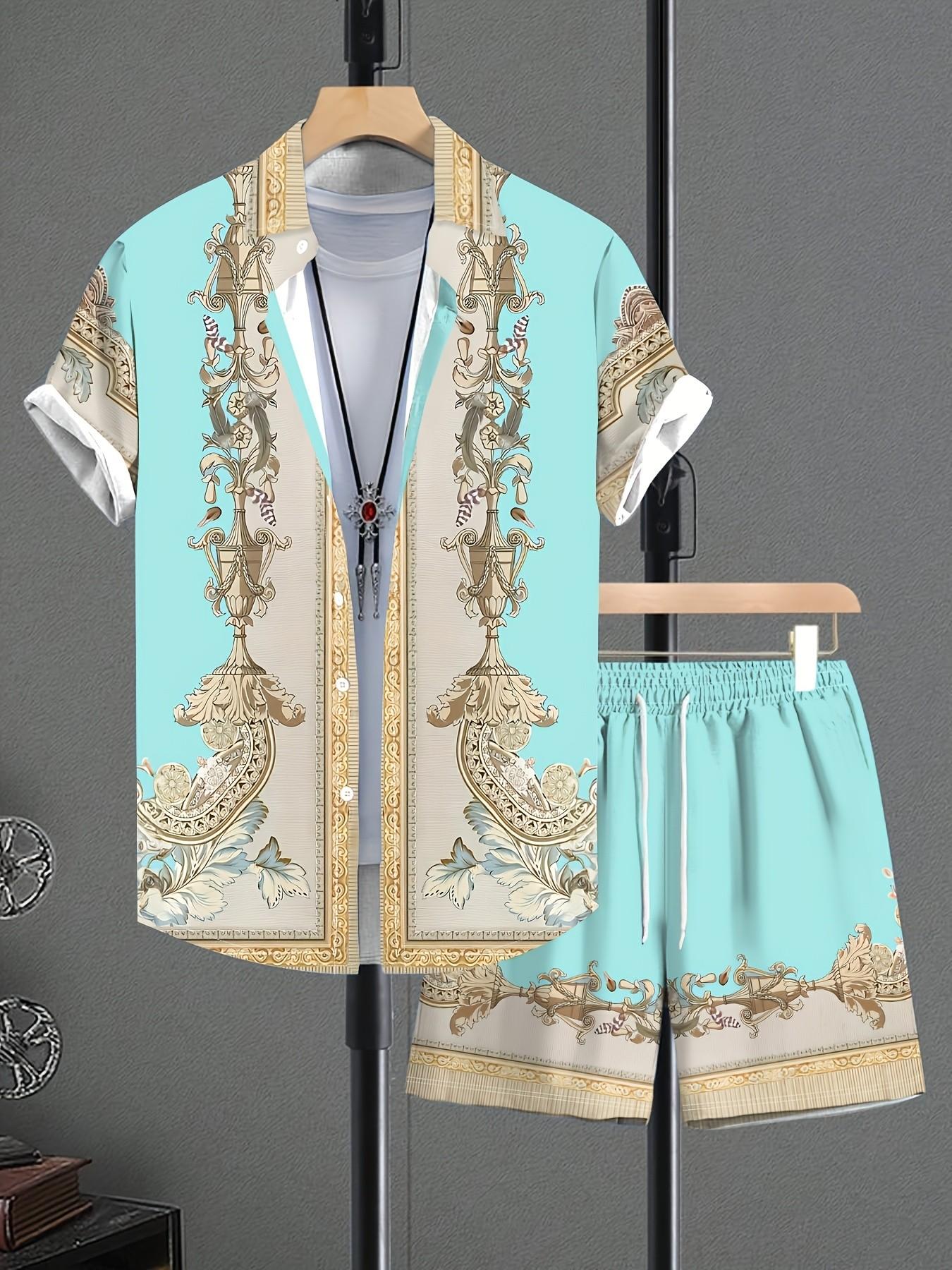 Men's Light Blue Baroque Scroll Two-Piece Set, Vintage Floral Vase Print Collar Shirt + Drawstring Shorts, Casual Loose-Fit All-Season