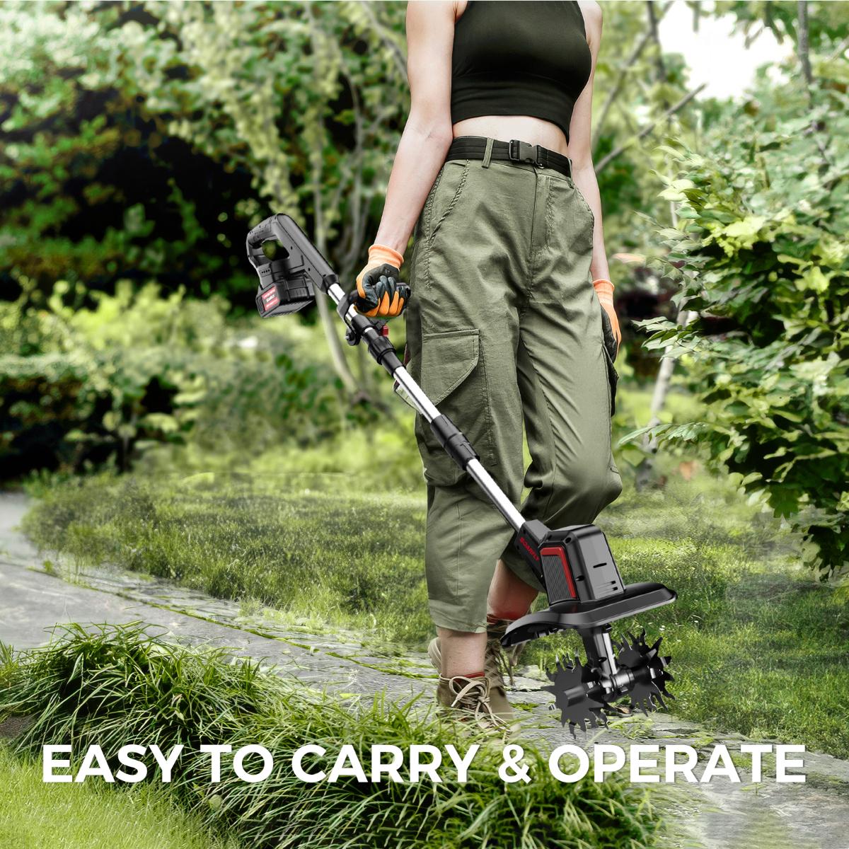 SOARFLY 20V Cordless Tiller Cultivator, 360 RPM, With 2×4.0AH Batteries & Charger, 9 inch Width, 6.6 inch Depth, 48 Steel Tines Rototiller for Lawn/Gardening/Soil Cultivation