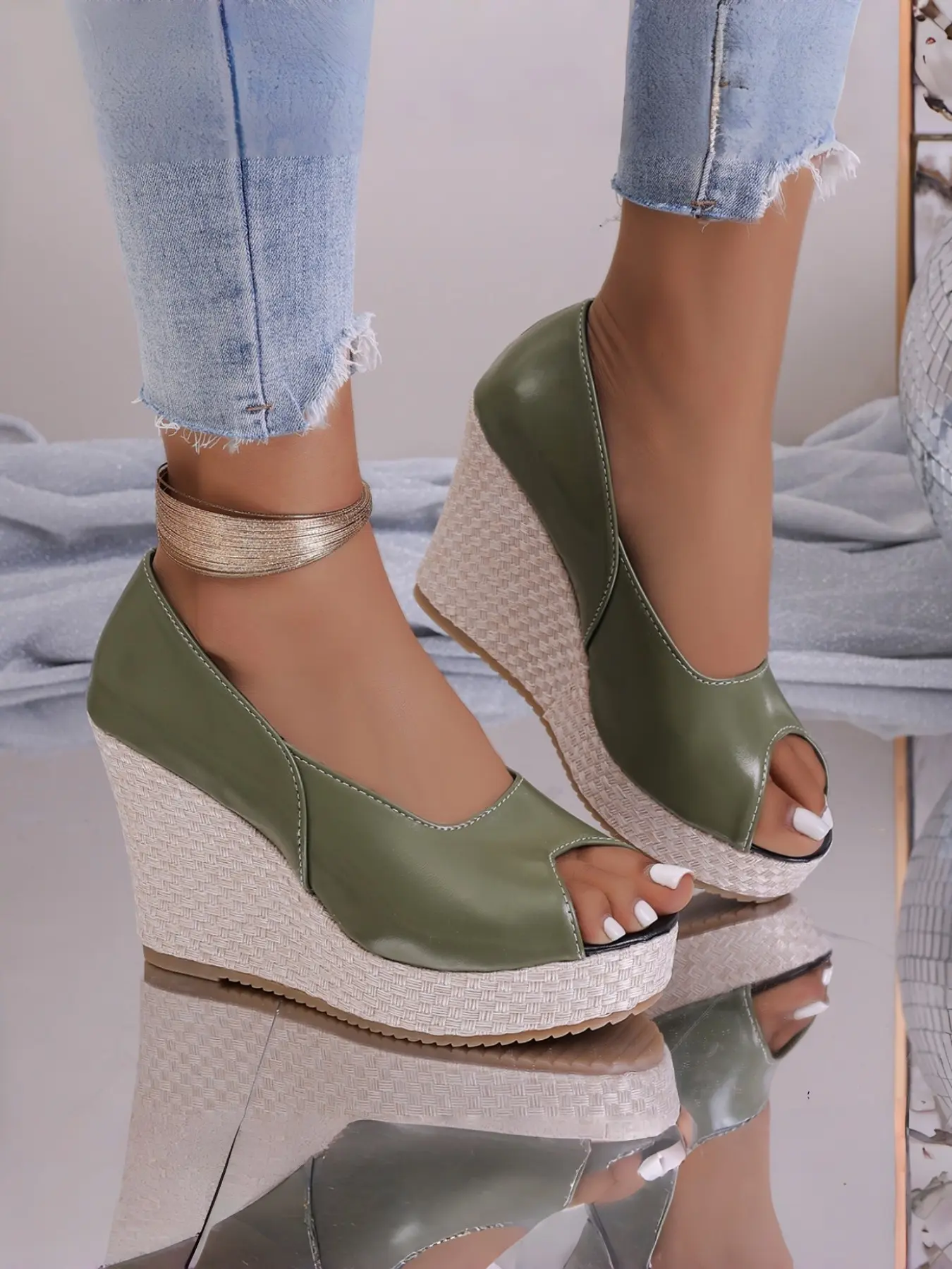 Women's Fish Mouth Open Toe Straw Wedge Sandals, Elegant Heeled Sandals, Summer Waterproof High Heel Mules, Outdoor Versatile Women's Shoes