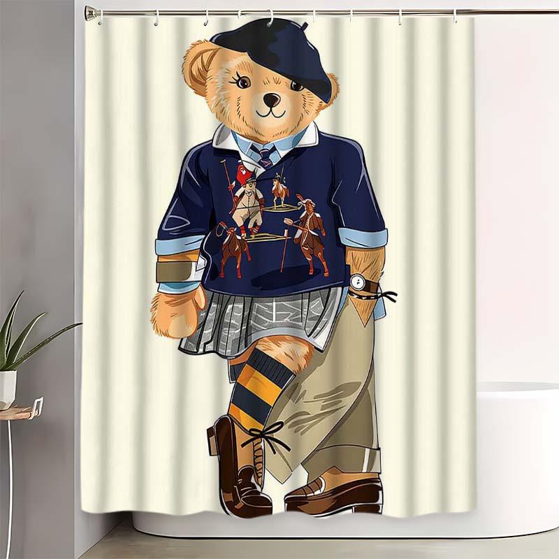 Polo Fashion Bear Shower Curtain Set, Bathroom Decor Accessories with 12 Hooks, Non-Slip Bath Mat and U-Shaped Toilet Lid Cover