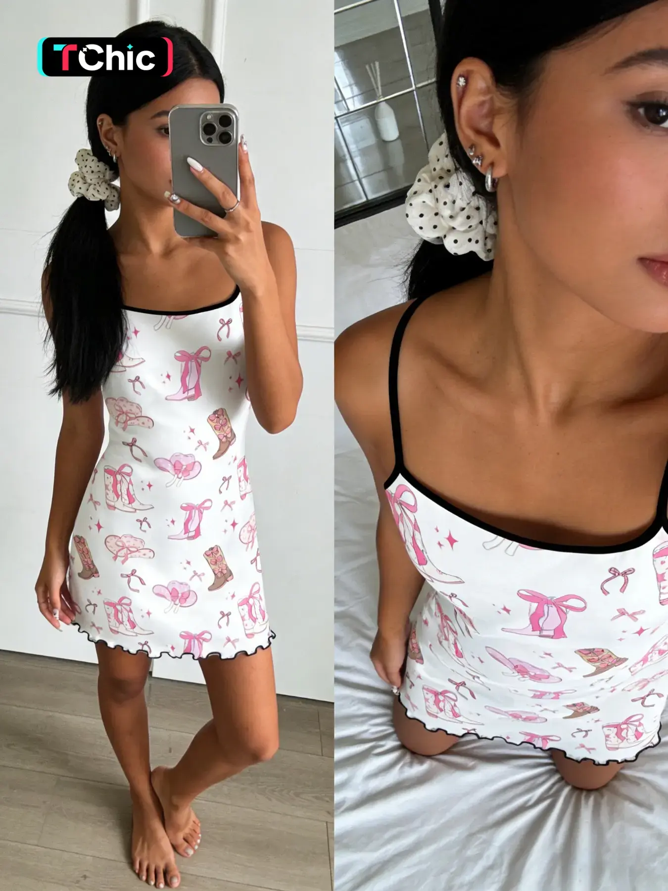 Base Western Cowboy Hat Print Nightdress, Wave Edge Trim Design, Sweet Cute Cool Girl Style Loungewear Breathable Home Sleepwear