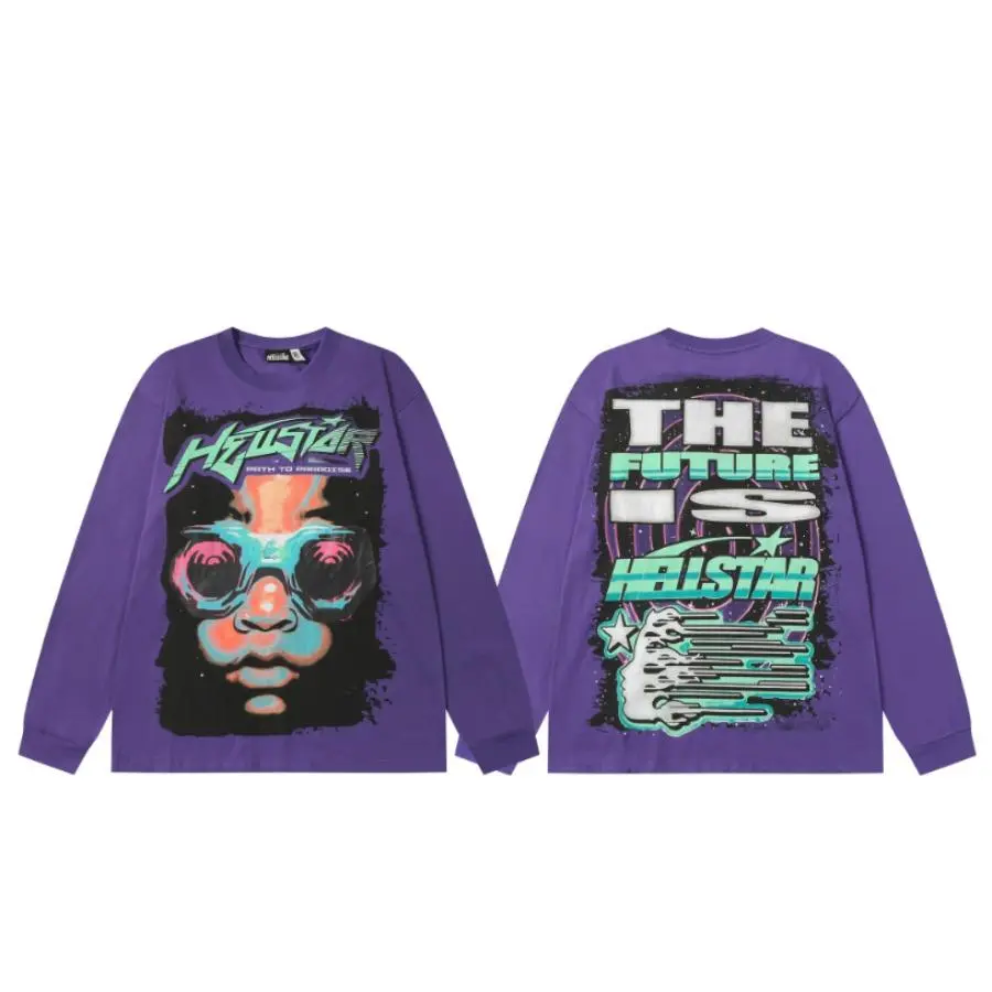 Men Hellstar The Future Is Double Sided Graphic Long Sleeve Tee, Purple Oversized Crewneck Shirt, Cyber Futuristic Streetwear Fall Casual Top For Men