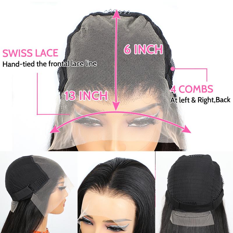[Limited Stock]Yawawe Hair 13x6 HD Full Lace Frontal Glueless Wig Drawstring Wear Go 7x5  Glueless Wigs Brazilian Straight Pre-Cut Pre-Plucked Human Hair for Women Natural Black with free Sideburns Stickers