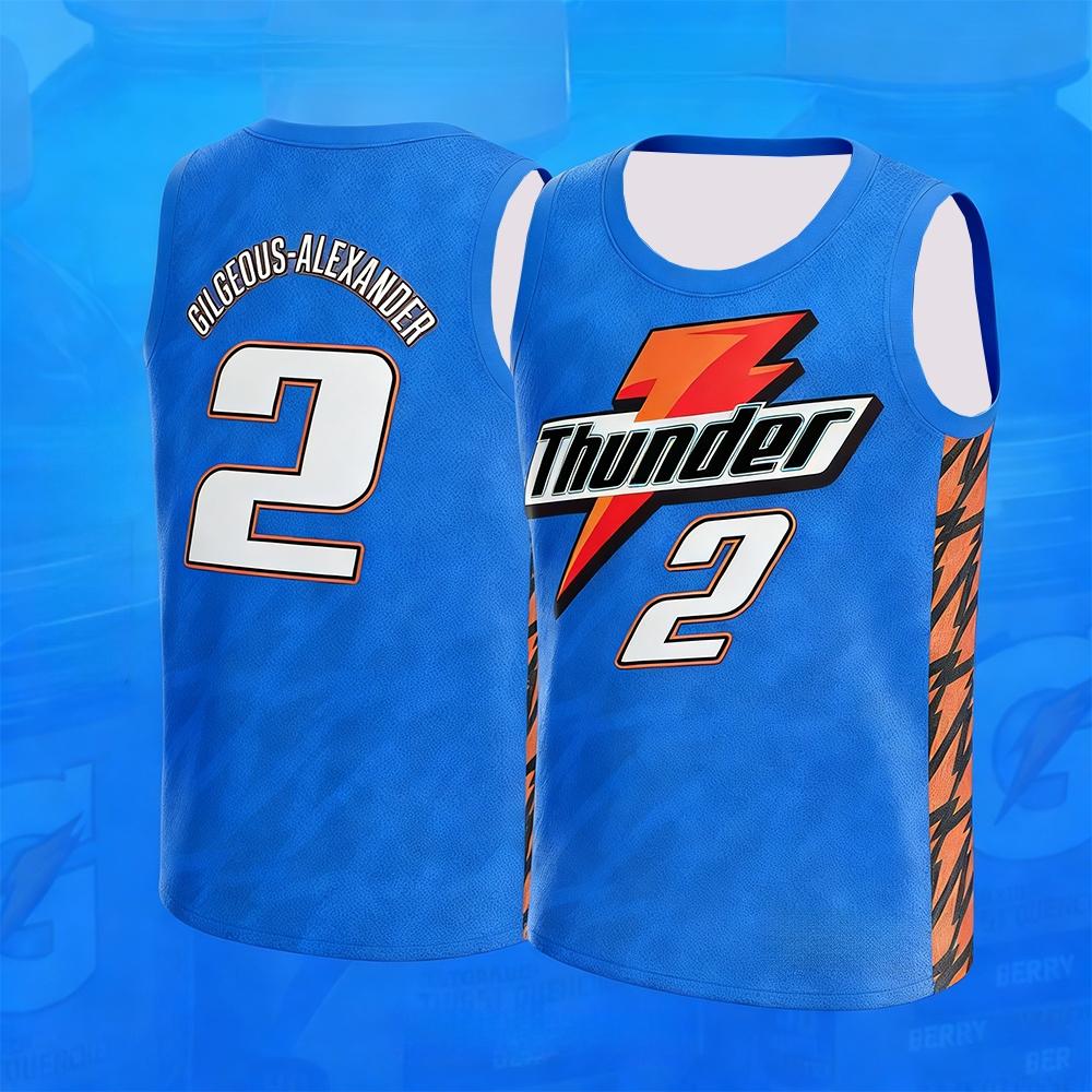 American Basketball Jersey Shai Gilgeous Alexander #2 Ice Blue Lightning Print Breathable Mesh Sleeveless Sports Top