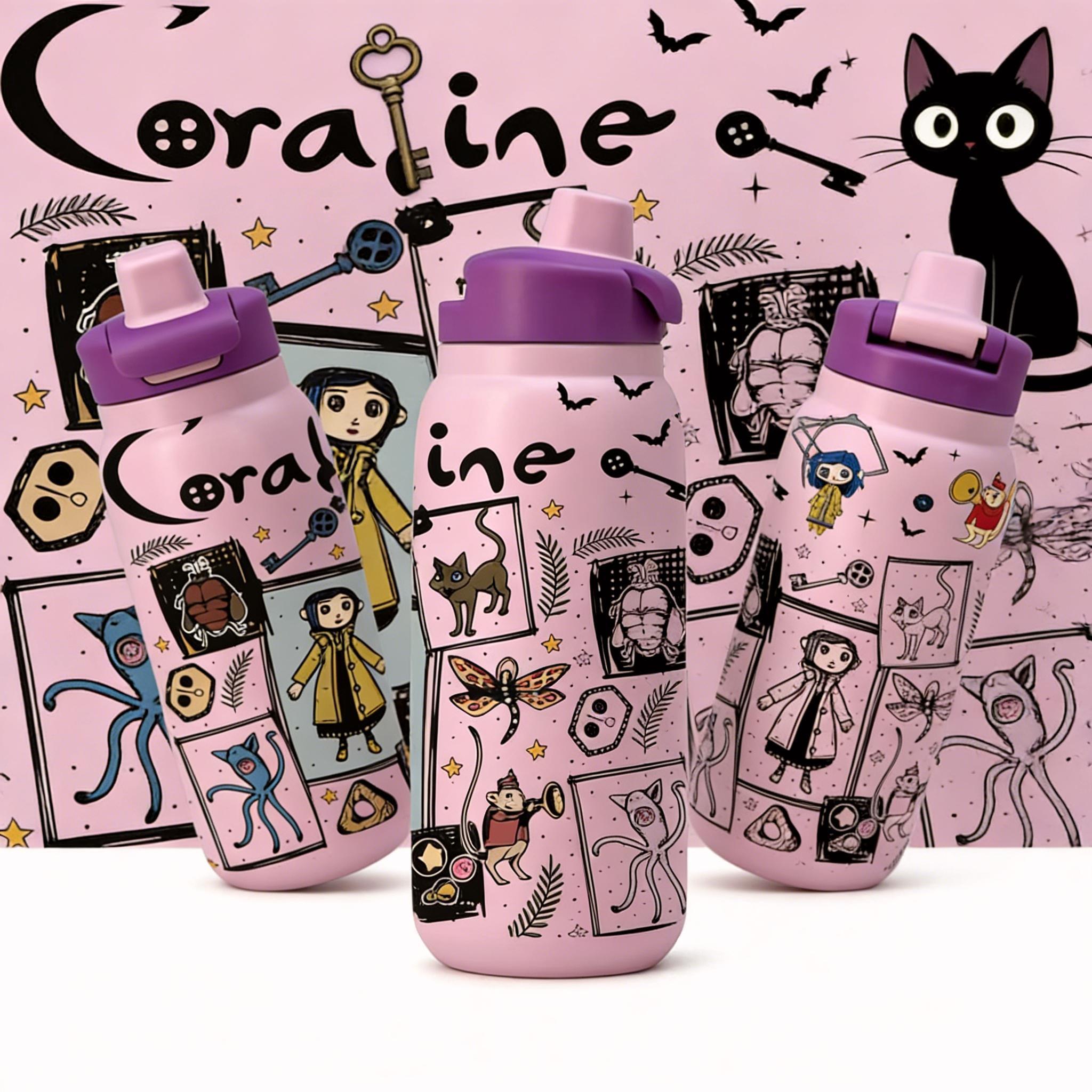 28oz Coraline Inspired Straw Insulated Tumbler, Dark Fairy Tale Aesthetic with Creepy Cute Cartoon Art, Double Wall Vacuum Stainless Steel Keeps Drinks Hot or Cold for Hours, Leak Proof Straw Lid, Big Capacity Bottle for Movie Fans and Weirdcore Lovers