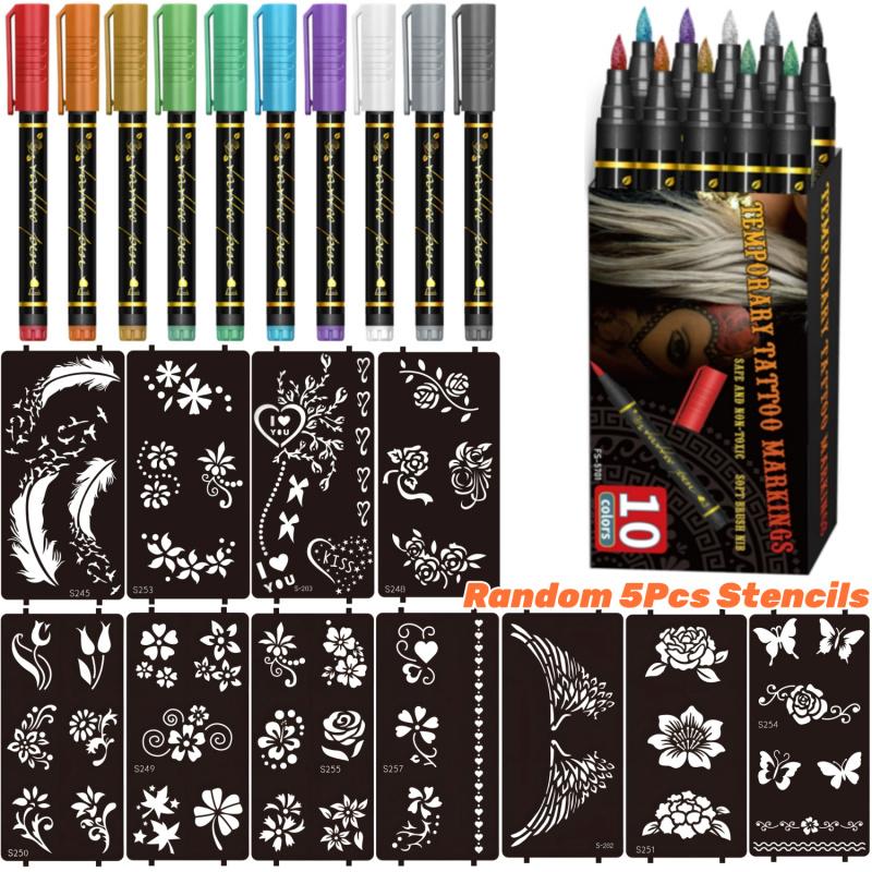 Temporary Tattoo Markers for Skin, 10/15/30-Count Body Markers 10/15/30 Colors Tattoo Pens, Tattoo Stencils,Flexible Brush Tip, Bright colors, Face Paint Kit Cosmetic Quality, High Pigment Halloween makeup