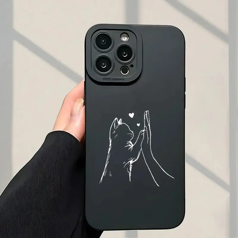 Line Kitten High-five Pattern New Seller Classic Fun TPU Camera Shockproof Protective Phone Case with IPhone/11/12/13/14/15/16pro/16Plus/16Promax/17 Max/Xr/Se/Mini Suitable for Boys And Girls