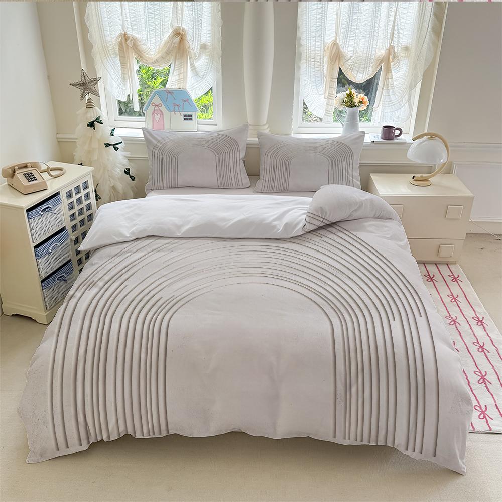 3pcs Arched lines on beige background bedding set (1*Duvet Cover + 2*Pillowcase, Without Core)+The fabric is soft, comfortable and breathable for bedroom guest room hotel dormitory rooms