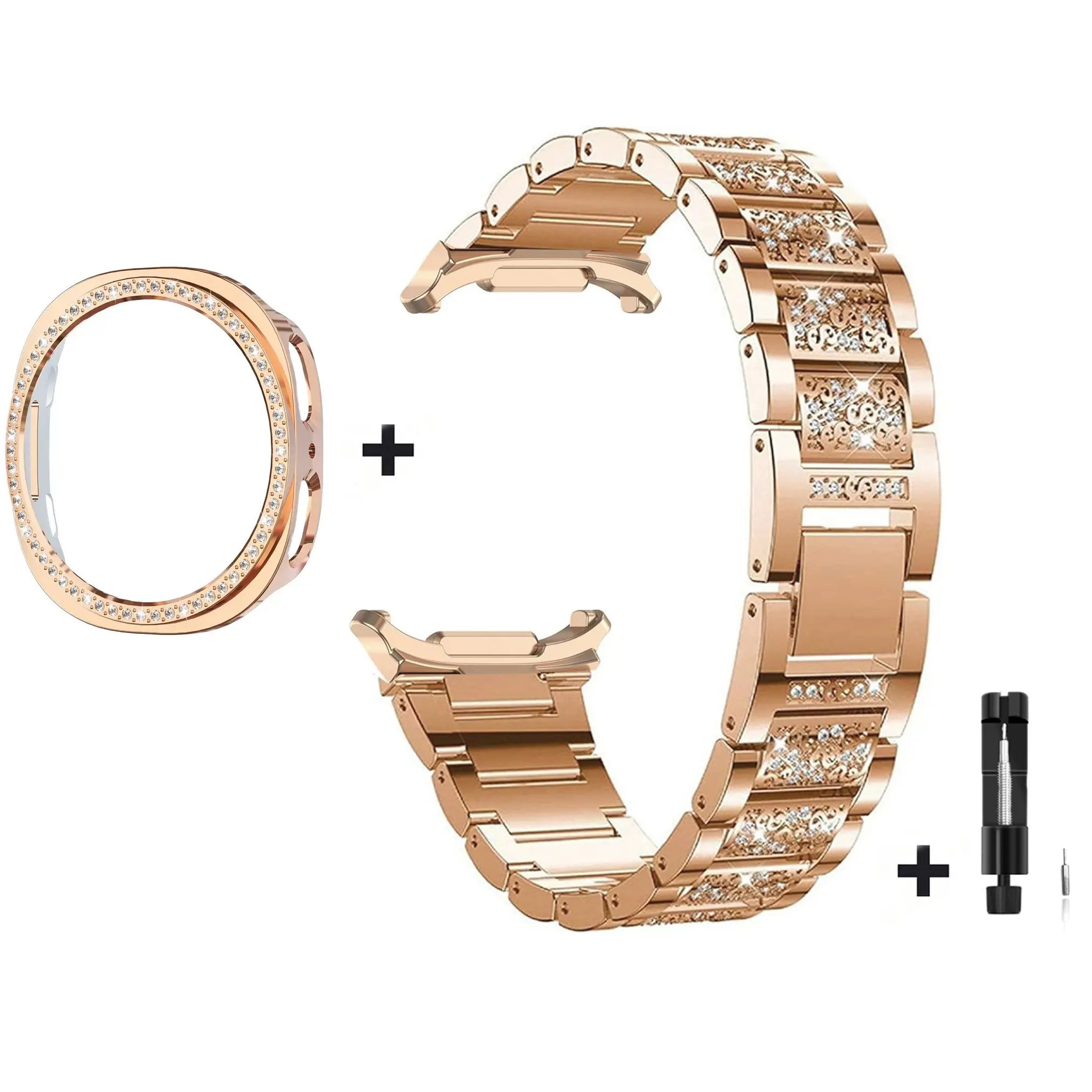 Girl Rhinestone Bling Metal Watch Band + PC Protective Case For Samsung Galaxy Watch 8 44mm 40mm Strap Bracelet Wristband Smart Watch Straps Smartwatch Strap For Galaxy Watch 8 Business Women Watch Band Smart Watch Accessories Wearable Tech Accessories