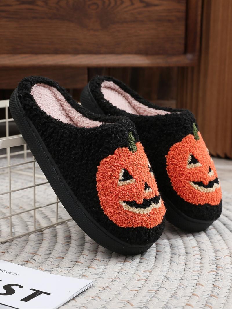 Women's Cartoon Pumpkin Pattern White Slippers, Casual Soft Comfortable Home Slippers, Warm Lightweight Slipper for Indoor & Outdoor Useas Birthday Gifts Halloween, Girl, Footwear