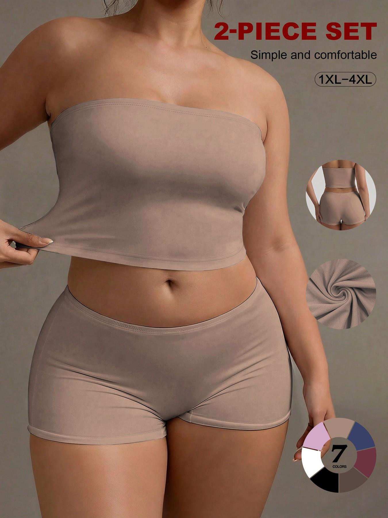 Plus Size 2 Piece Basic Tube Top and Shorts Set, Soft Stretch Strapless Lounge Set, Comfortable and Stylish, Perfect for Relaxing at Home, Womenswear