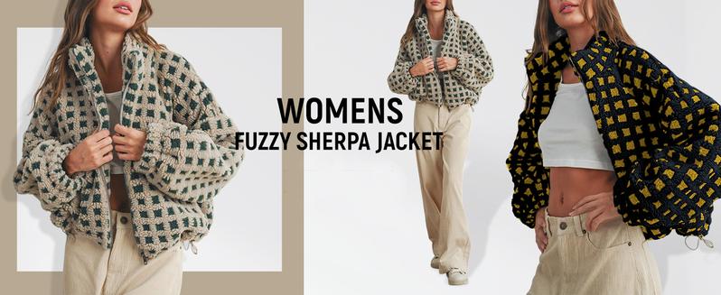 JovenPara Women's Winter Sherpa Fleece Jacket Long Sleeve Zip Up Checkered Fuzzy Cropped Coats Warm Outwear with Pockets Casual Winter Outerwear Womenswear