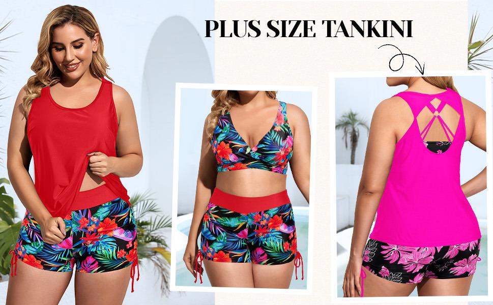 Holipick Women Three Piece Plus Size Tankini Swimsuits Tummy Control Bathing Suits with Sports Bra with Boy Shorts