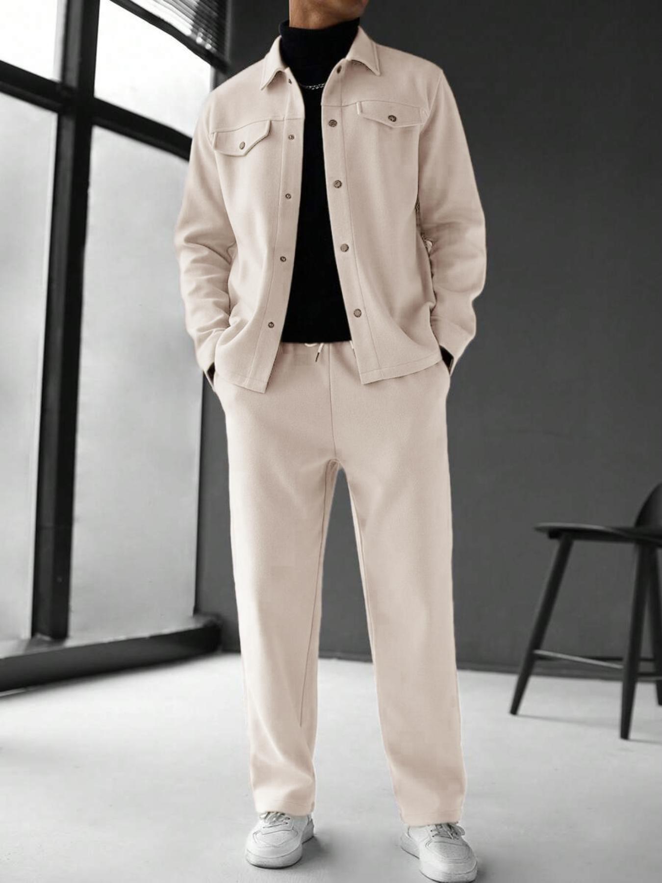 Men's Solid Color Pocket Jacket and Belt Waist Pants Sport Suit Regular Version Mature Business Style, Long Sleeve Jacket Collar Coat and Pocket Long Pants, Men's and Winter Sportswear, Sport Leisure Suit Casual Sportswear, Casual Suit Set